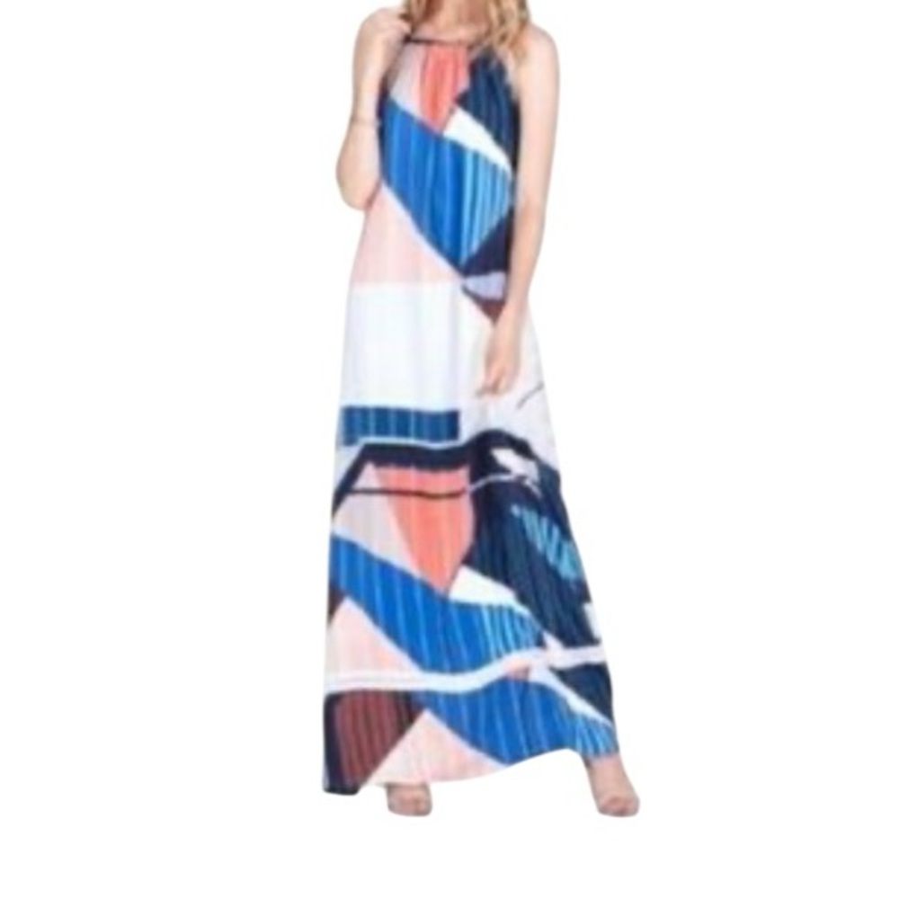 Ecru Silk Multi Colour Halter Flowy Sleeveless Maxi Dress Women Size M